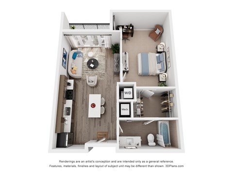 Floor plan for 1 bed, 1 bath, 736 sqft